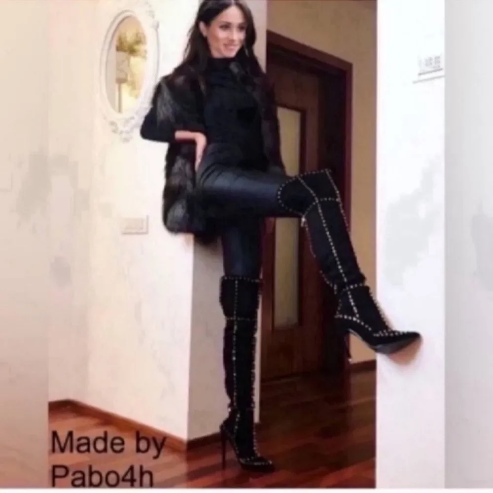 Black Faux Suede Studded Knee High Boots Size 36